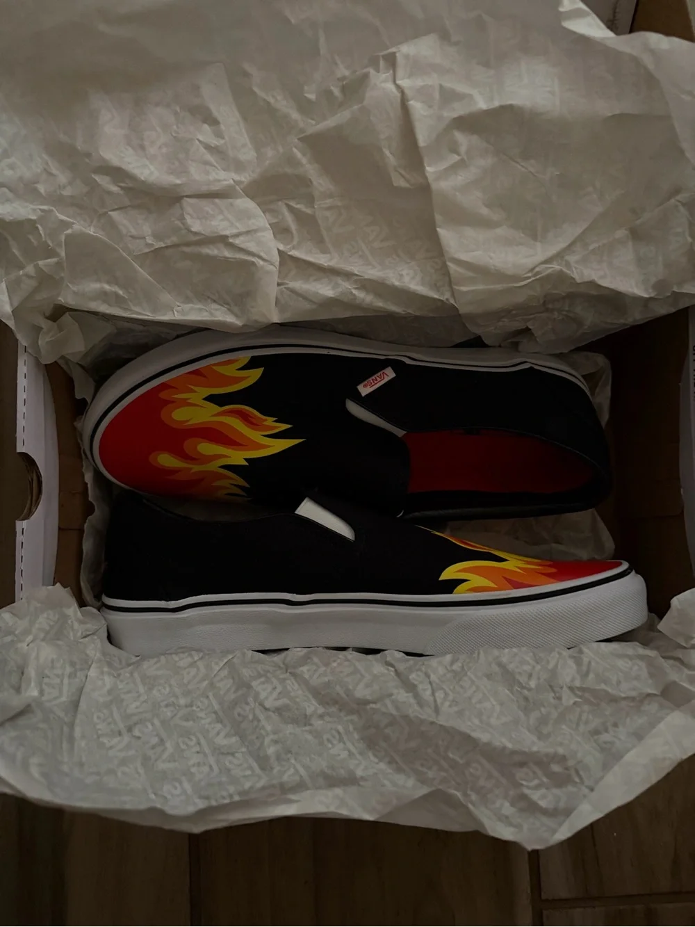 Men’s Slip-On Hot Cheetos Vans - Black with Red & Yellow Flames